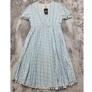 NEW FASHION Dress Womens XL Blue Floral Print Midi Short Sleeve V-Neck Pleated